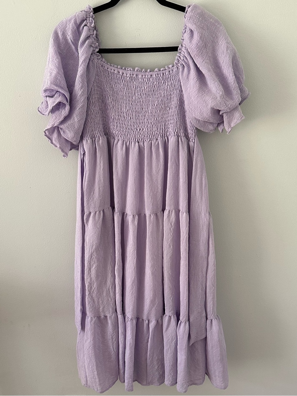 Lavender Smocked Midi Dress with Puff Sleeves